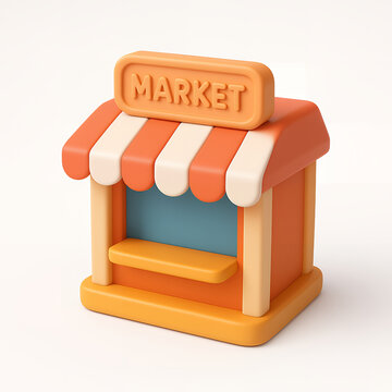 A vibrant 3D rendering of a stylized market stall, perfect for illustrations about commerce, retail, and shopping.