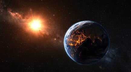 Wall Mural - planet earth illuminated by city lights with a glowing sun in the background and a galaxy of stars