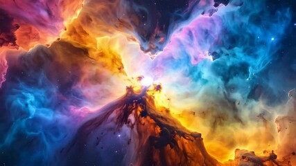 Wall Mural - Cosmic cloudscape with radiant nebulae and bright stars in the distant night sky, abstract interstellar wallpaper for screens