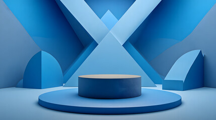 Poster - Blue pedestal for product presentation with blue geometric shapes in the background.