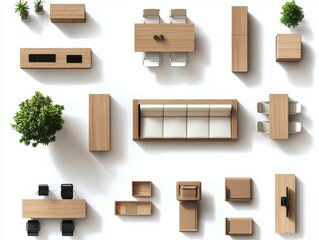 Collection of office furniture elements from a top view perspective.