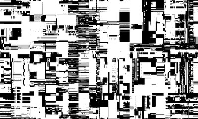 Aufkleber - Abstract distorted black white motion glitch overlay effect distress texture. Monochrome interlaced digital background. Futuristic striped glitched grunge, retro 90s