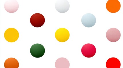 Poster - Colorful array of round candies are spread out on a white background. The candies come in a variety of colors, including red, yellow, green, and pink. Concept of fun and playfulness