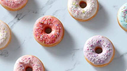 Poster - Row of colorful donuts with sprinkles on top. The donuts are arranged in a row on a marble countertop
