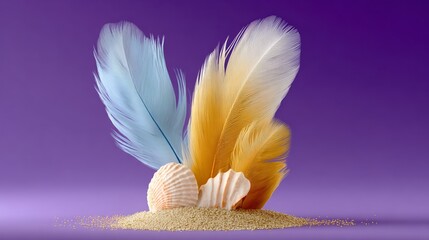 Poster - Colorful arrangement of feathers and shells on a purple background. The feathers are blue, yellow, and orange, and the shells are white. Concept of creativity and playfulness