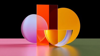 Poster - Colorful arrangement of glass shapes on a table. The shapes are of different sizes and colors, including a large orange bowl and a smaller orange bowl. The table is surrounded by a pink