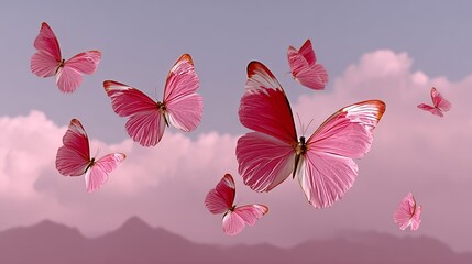Poster - Pink butterflies flying in the sky. Concept of freedom and beauty, as the butterflies are seen soaring through the air. The pink color of the butterflies adds a touch of elegance