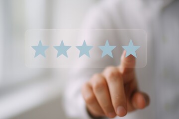 close-up of a hand interacting with a transparent digital interface displaying four star rating, con