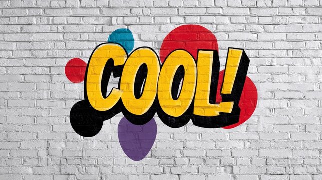 Colorful graffiti of the word cool on a white brick wall. The word cool is written in a bold and colorful font. The graffiti is vibrant and eye-catching, conveying a sense of fun and energy