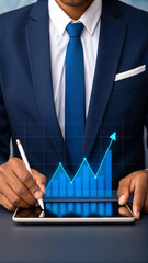 Fototapete - Business professional analyzing growth graph on tablet. Blue upward-trending arrow for success. Modern office tech and analytics.