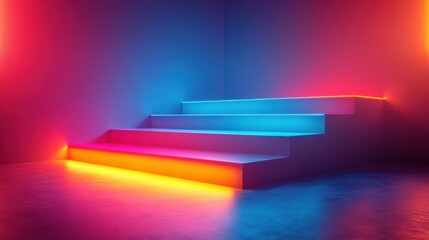 Poster - Illuminated Steps with Neon Color Scheme Abstract Interior Design Background Futuristic Architecture