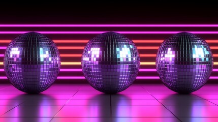 Poster - Three reflective disco balls sitting in a colorful lighted space