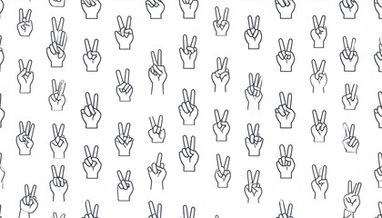 Poster - A repeating pattern of simple line drawings of hands displaying the peace sign, set against a white background.  The style is minimalist and uniform