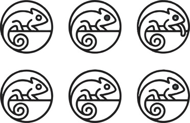 Leinwandbilder - Simple black and white outline illustrations of six chameleon icons in circular frames