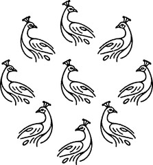 Leinwandbilder - Elegant group of simple black and white hand drawn peacock bird illustrations for decoration