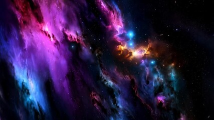 Wall Mural - Vibrant cosmic nebula with purple, blue, and orange hues, showcasing deep space stellar formation