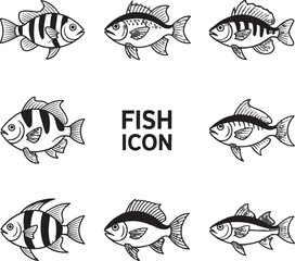 Leinwandbilder - A collection of hand drawn fish icons in black and white for design purposes