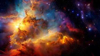 Wall Mural - Vibrant ethereal nebula cloudscape in outer space with colorful cosmic dust and glowing stars in a vast galactic expanse.