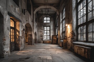  Abandoned industrial space with large windows and worn walls