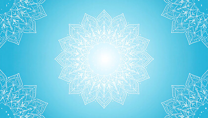 Poster - Intricate white mandala on a light blue gradient background, with repeating patterns in corners