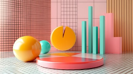 Poster - D bars and pie chart graphics in vivid colors, floating in space against a neutral backdrop for a visually impactful design