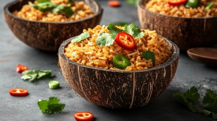 Aufkleber - An artistic shot of fried rice being served in a coconut shell, topped with sliced chili and fresh cilantro, capturing the tropical essence of this dish.