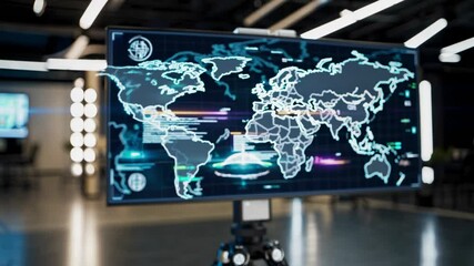 Leinwandbilder - Interactive digital map displaying global data and analytics in a modern workspace setting