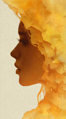 Poster - Watercolor profile of a woman's face, overlaid with abstract orange hues, creating a serene and artistic impression, symbolizing femininity and inner peace