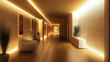 Aufkleber - An inviting minimalist hallway with wooden flooring, soft lighting, and a few decorative elements that enhance the simplicity and elegance of the space