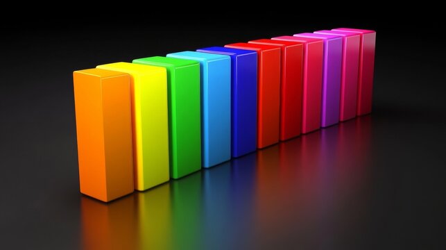 Array of rainbow-colored D bars in a row, gradually increasing in height, with smooth shadows and reflections
