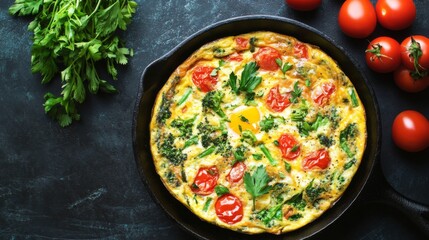 Poster - A beautifully arranged frittata filled with seasonal vegetables and herbs, served in a cast-iron skillet, highlighting the versatility of Italian egg dishes