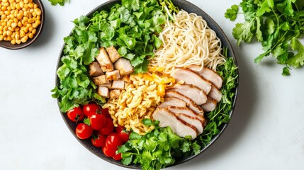 Poster - A beautifully arranged plate of instant noodles topped with sliced meats and herbs, creating an inviting and colorful presentation, highlighting its delicious appeal.