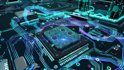Leinwandbilder - Exploring the intricate details of a futuristic circuit board design with vibrant colors and complex patterns