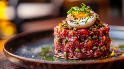 Poster - A beautifully arranged steak tartare served in a stylish dish, garnished with capers and quail egg, highlighting the elegance of this classic dish