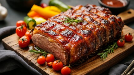 Poster - A beautifully roasted pork belly with crackling skin, served on a wooden platter with a rich sauce and seasonal vegetables for an elegant meal.