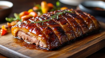 Poster - A beautifully roasted pork belly with crackling skin, served on a wooden platter with a rich sauce and seasonal vegetables for an elegant meal.