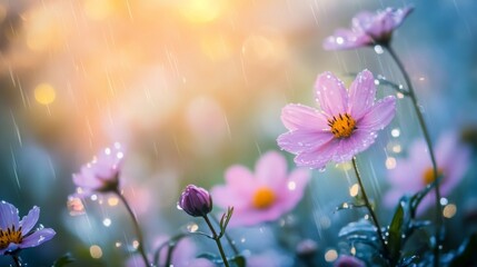 Poster - A breathtaking image of wildflowers in a field after rain, glistening with droplets of water, capturing the freshness and beauty of nature in a soft-focus background.