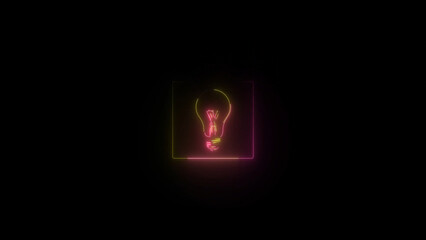Poster - Neon Lightbulb Icon in a Square Frame on a Black Background Idea Concept neon lightbulb