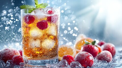 Poster - A bubbly soda with ice in a modern glass, surrounded by fresh fruit, showcasing a refreshing drink ready for summer enjoyment.