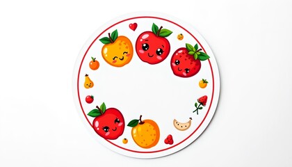 Poster - Cute cartoon fruits forming a circle frame.  Apples, oranges, strawberries and banana with kawaii faces. Perfect for kids' projects or food-themed designs.
