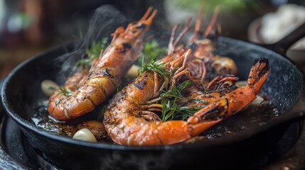 Poster - A captivating image of grilled shrimp sizzling in a cast-iron skillet, with fresh garlic and herbs, creating an enticing and aromatic culinary experience.
