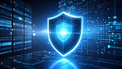 Poster - Digital shield symbol on futuristic interface with glowing elements