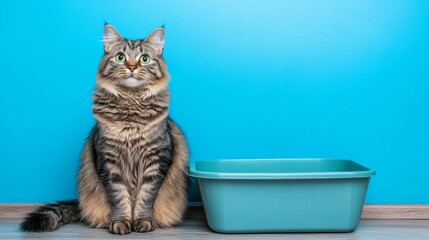 Poster - A charming image of a cat sitting beside a litter box, with a slightly confused expression, showcasing the curiosity and antics of felines during playtime.