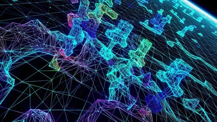Aufkleber - Dynamic visualization of digital networks in outer space exploring connection patterns in technology
