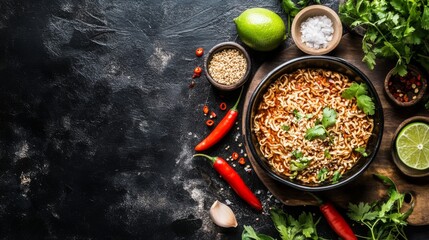Poster - A charming setup with instant noodles in a bowl, surrounded by fresh ingredients like chili peppers, lime, and garlic, creating a colorful and appetizing display.