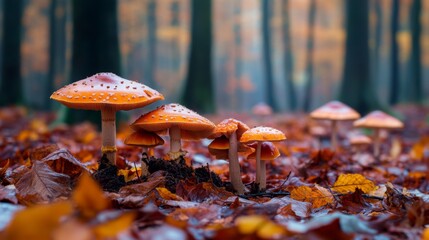 Aufkleber - A charming woodland scene with various mushrooms peeking through fallen leaves, showcasing the natural beauty and diversity of fungi in their habitat.