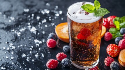 Aufkleber - A chilled glass of soda with a perfect head of foam, surrounded by fresh fruit slices, creating a refreshing summer drink vibe.