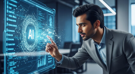 futuristic ai: businessman touching holographic brain interface. advanced technology for software de