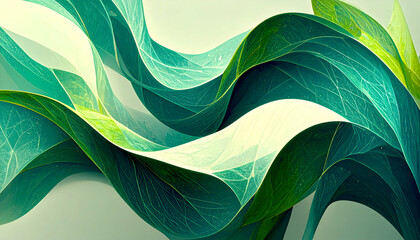 Poster - Abstract green and blue wave shapes with leaf textures