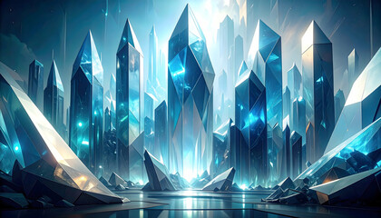 Poster - Glittering abstract crystal landscape with sharp peaks and bright reflections